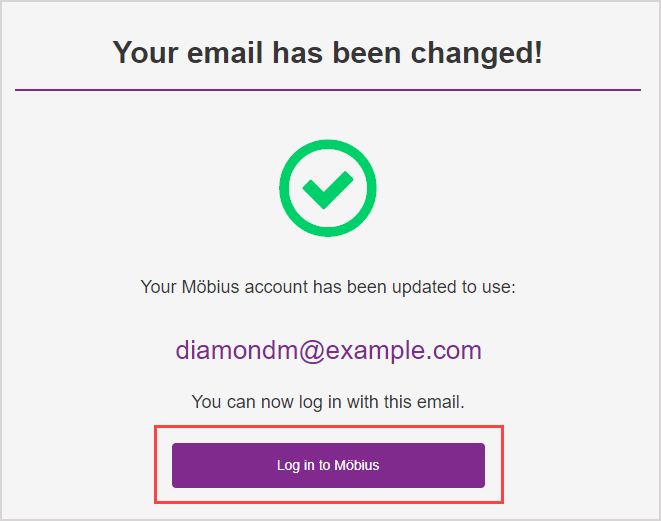 The "Log in to Möbius" button appears in the successful email change message.